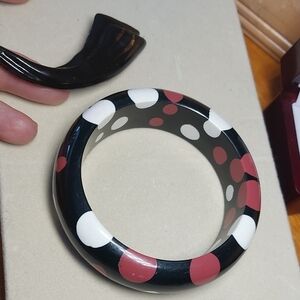 Lot Vintage Black Polka Dot Lucite Bangle Bracelet Red & White & Brooch